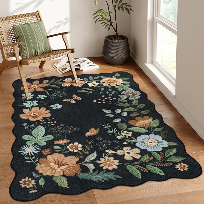 Lahome Floral Washable Rugs for Bedroom, 4X6 Living Room Rug Ultra-Thin