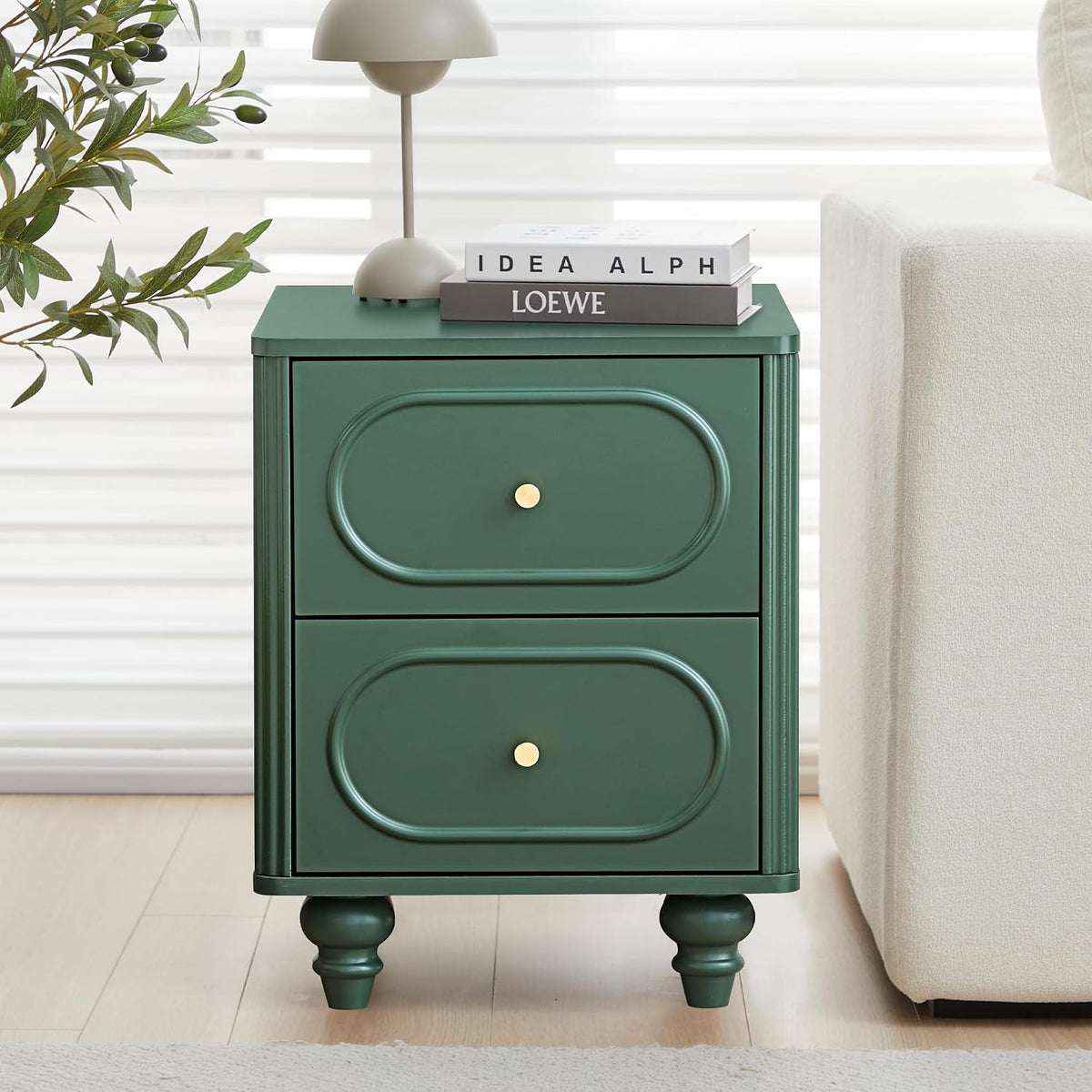 ORRD 2 Drawer Fluted Mini Small Dresser for Bedroom Set of 2, Mid Century Modern Nightstand Bedside End Table, Wood Storage Dresser Organizer for Bedroom, Green