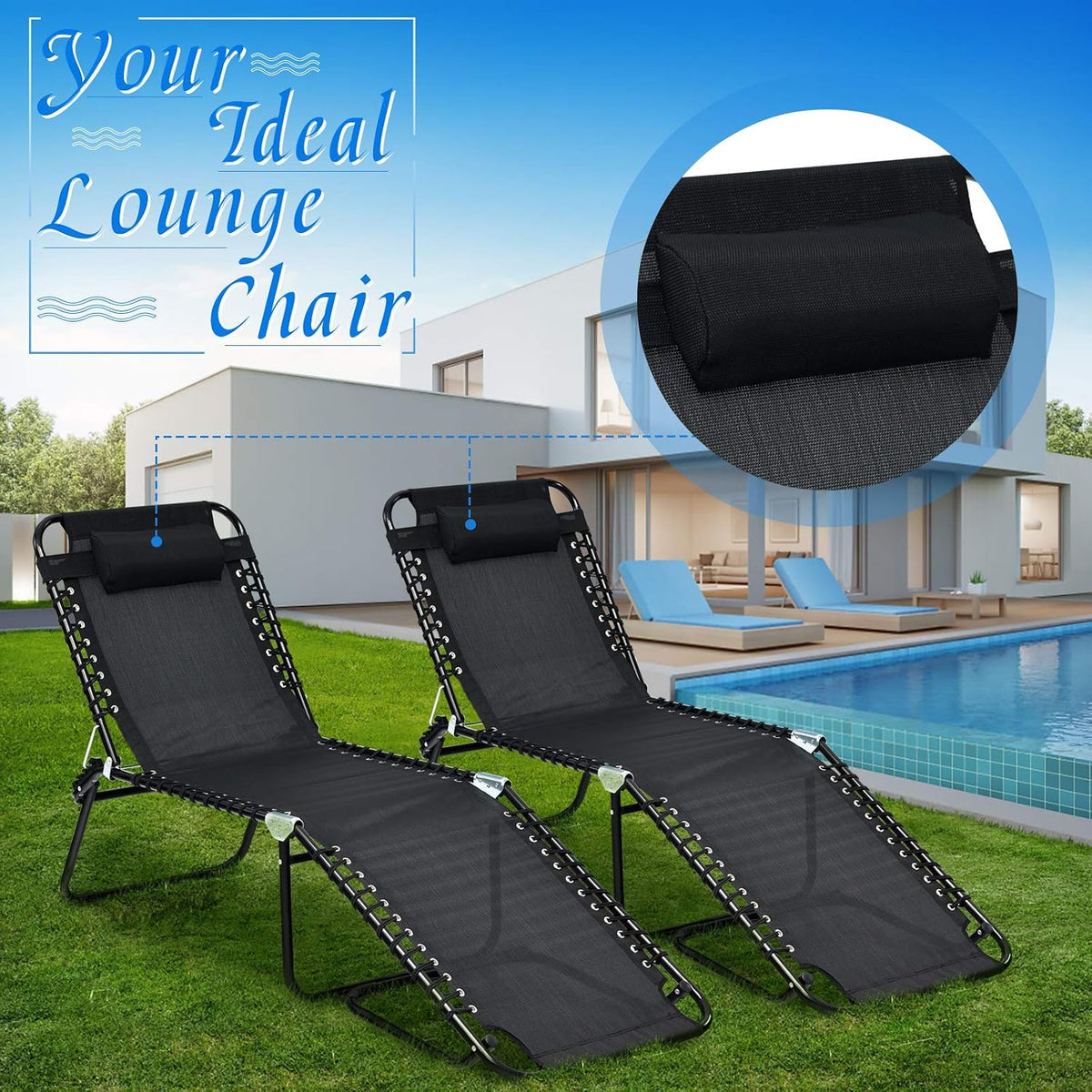 GIANTEX Chaise Lounge Chair Outdoor - Patio Lounge Chair w/Pillow, 4-Level Adjustable Backrest, 2-Level Footrest, Heightened 16” Pool Lounger for Beach, Lawn, Tanning Chairs for Outside (1, Black)