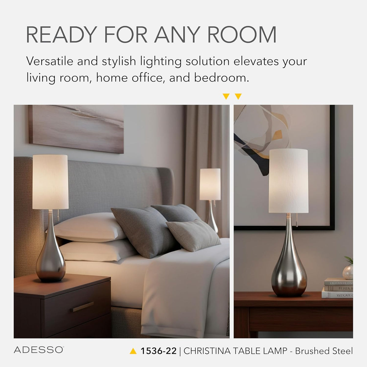 Adesso Brushed Steel Table Lamp with White Fabric Shade – Pull Chain Accent Light for Bedroom, Living Room, or Home Office, 34.5” Tall