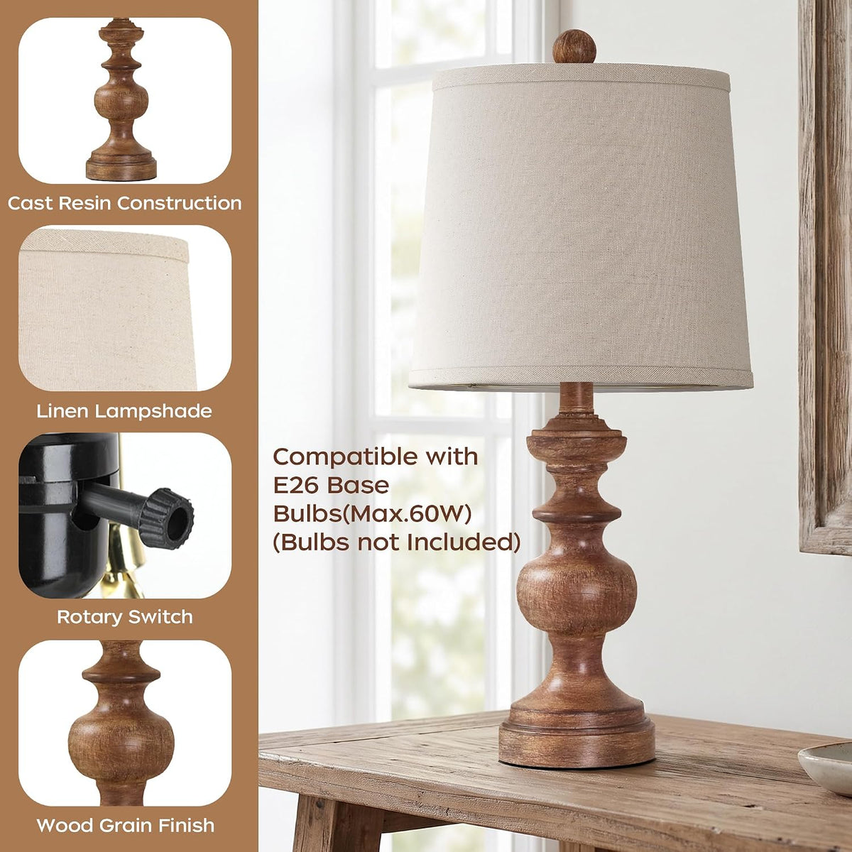 PARTPHONER Farmhouse Table Lamp Set of 2, Rustic Table Lamps for Living Room Bedroom, 22" Mid Century Modern Desk Lamp Bedside Nightstand Lamps with Linen Tapered Drum Shades, Wood Grain