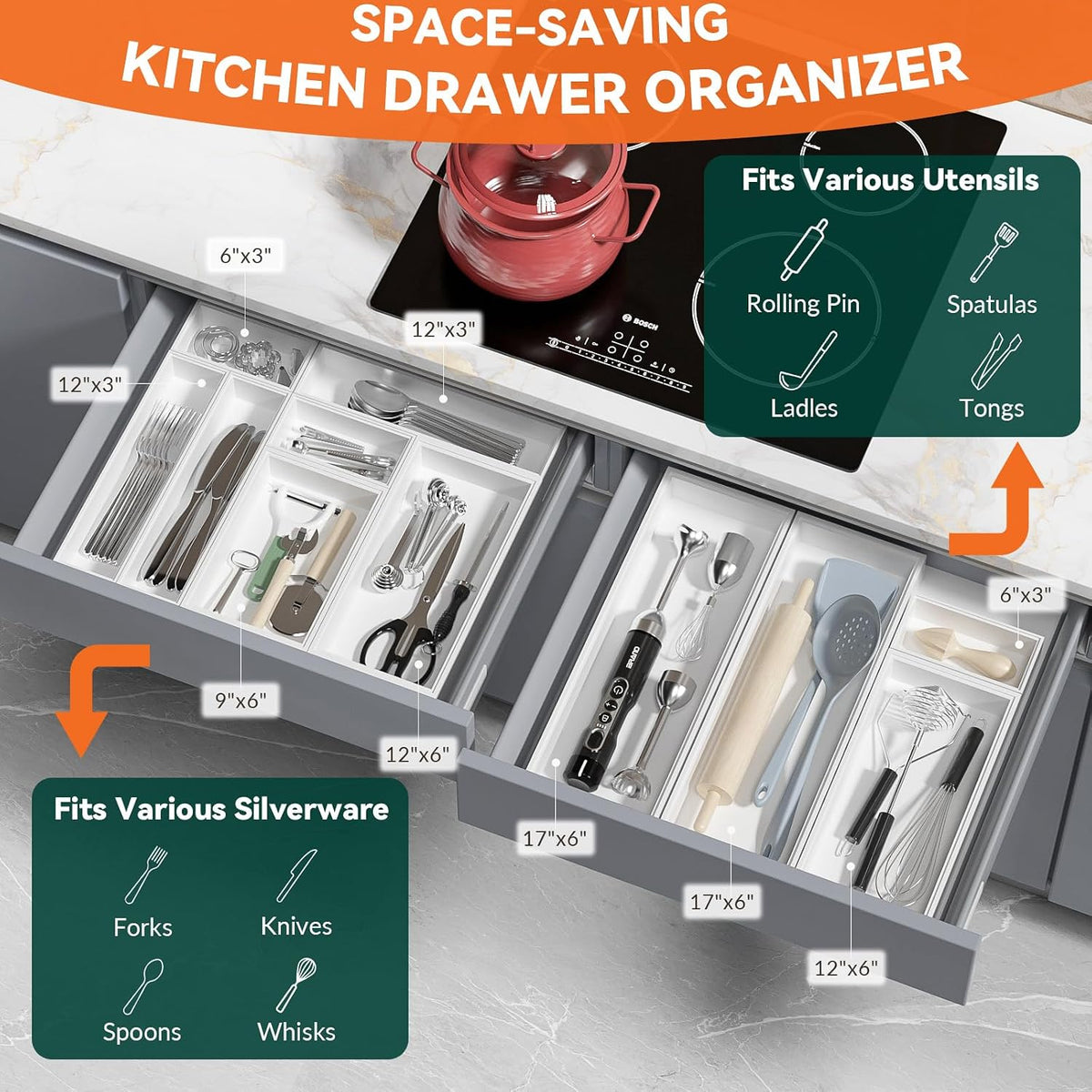 Lixple Bamboo Kitchen Drawer Organizer, 2 Pack, 12" x 3" x 2", White