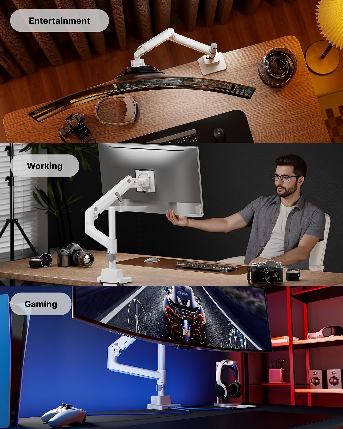monTEK Ultrawide Monitor Arm Max 57",Height Adjustable 25.5",with USB，White
