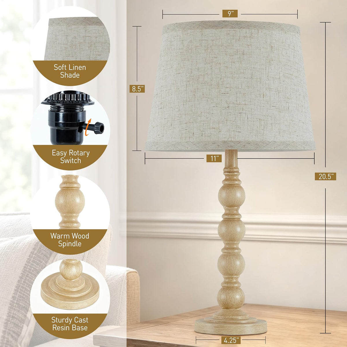 21" Farmhouse Table Lamps Set of 2, Vintage Bedside Lamps for Bedroom