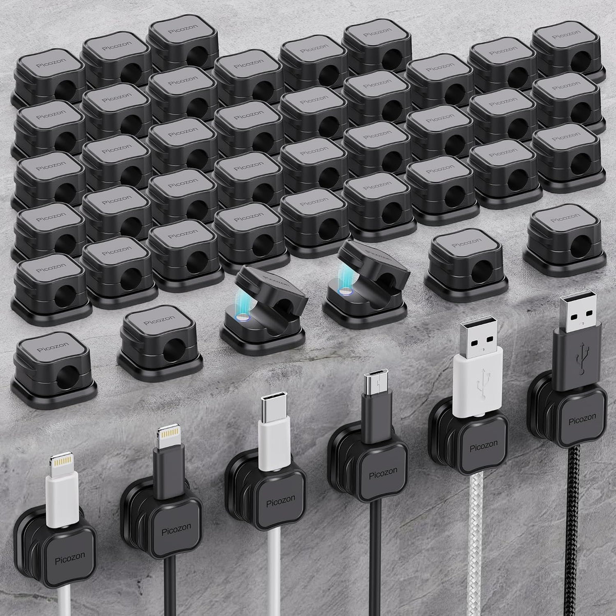 48 Pack Magnetic Cable Clip Organizer Cord Holder, Picozon Adhesive Cable Management, Wire Phone USB Charger Cable Holder, Keeper Organizer for Office Home Desktop Table - Black