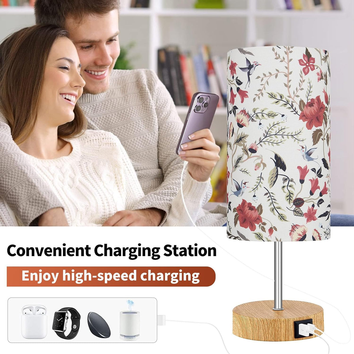 Bedside Touch Lamp, Wood Small Table lamp with 2 USB Charging Ports & Flower Fabric Shade, 3-Way Dimmable Nightstand Lamps for Living Room Bedroom Office Reading Desk Home Dorm(LED Bulb Included)