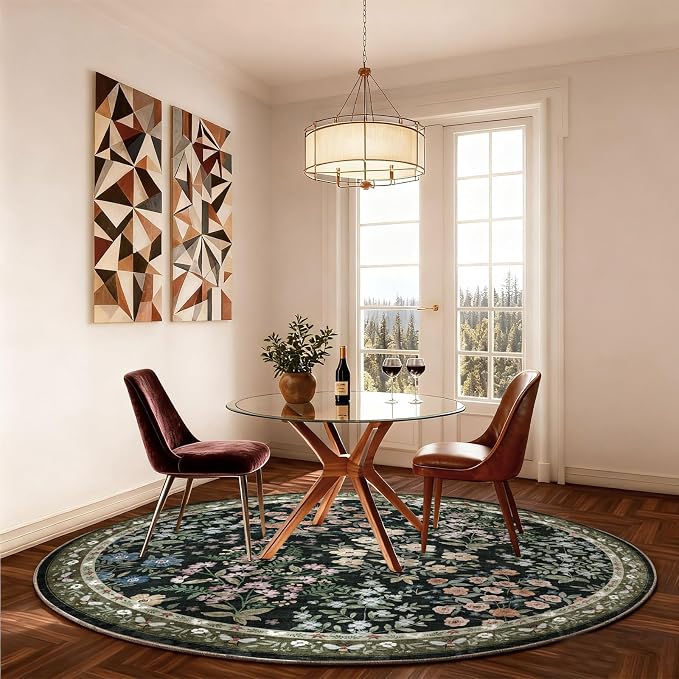 Washable Round Rugs for Bedroom 4ft: Living Room Rug Stain Resistant Non Slip