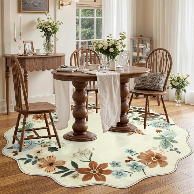 Lahome Floral Washable Round Area Rug, Round Rug 5ft Soft Non-Slip,