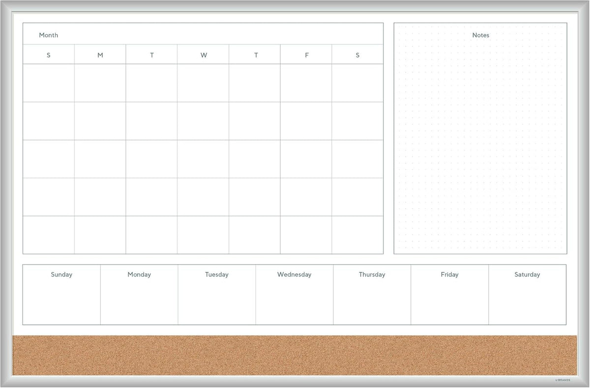 U Brands Magnetic Dry Erase 4-in-1 Calendar White Board, 36" x 48", Silver Aluminum Frame