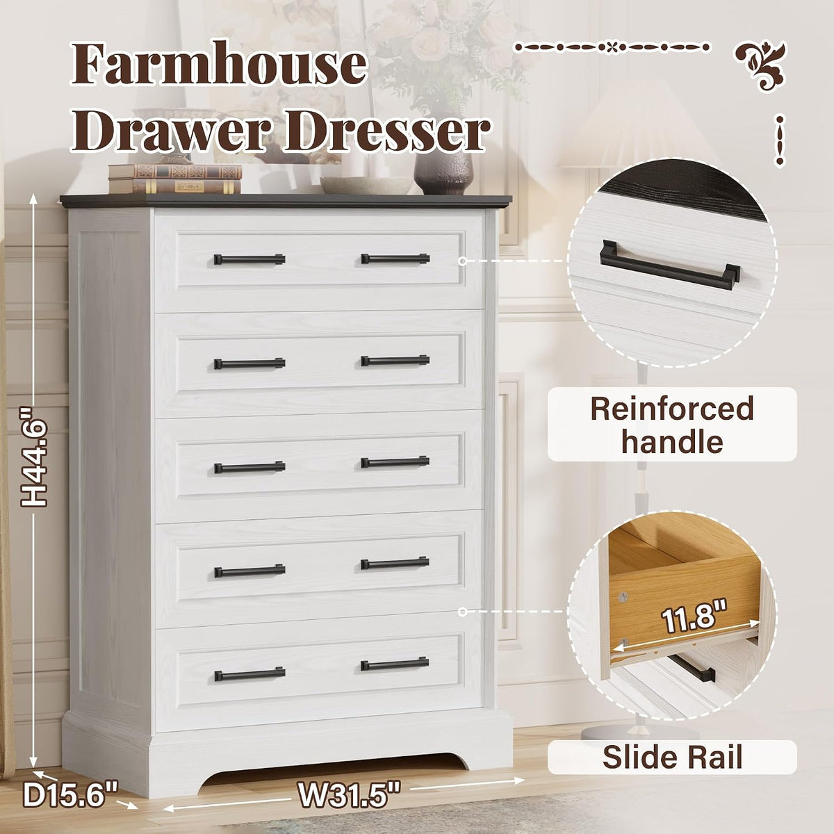 Furmax Farmhouse Dresser for Bedroom, 5 Drawers Dresser, White & Black