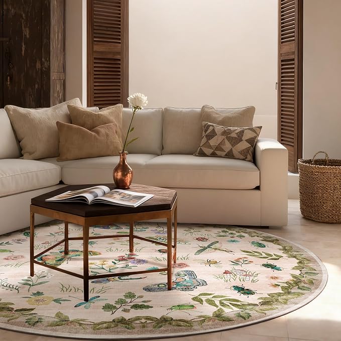 Washable Round Rugs for Bedroom 4ft: Living Room Rug Stain Resistant Non Slip