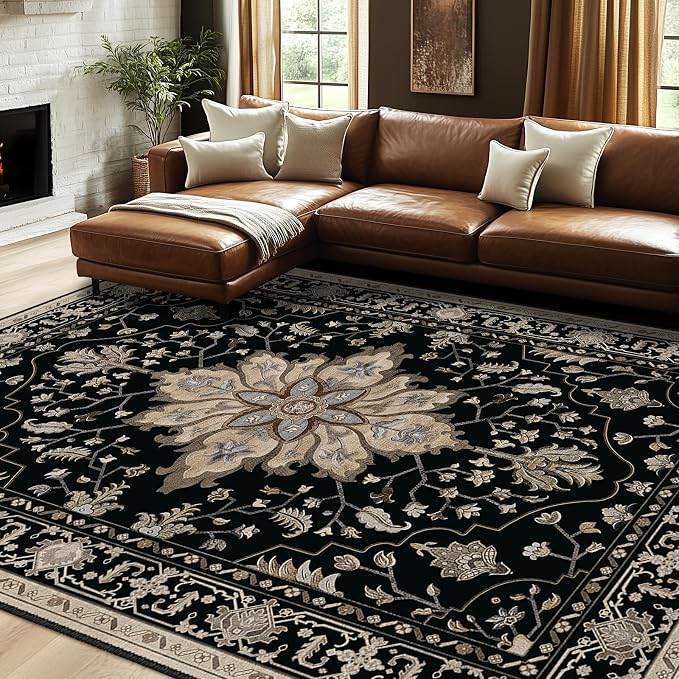 RELEANY Area Rugs 7'x9' Washable Non-Slip, Floral Vintage Distress Medallion