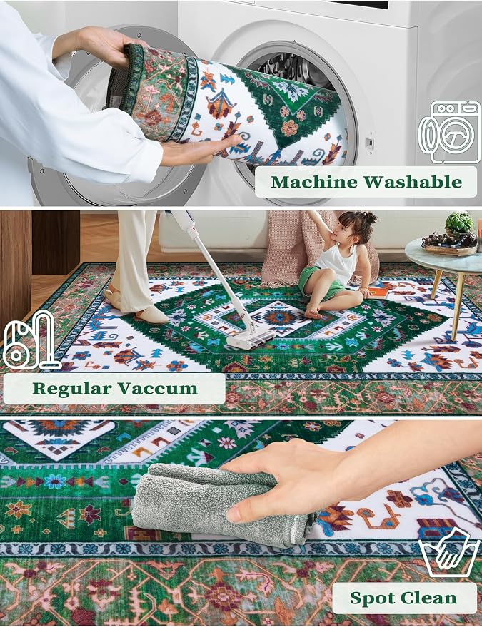 SERISSA Runner Rug for Hallways, Long Boho Rug Vintage Green White Hallway
