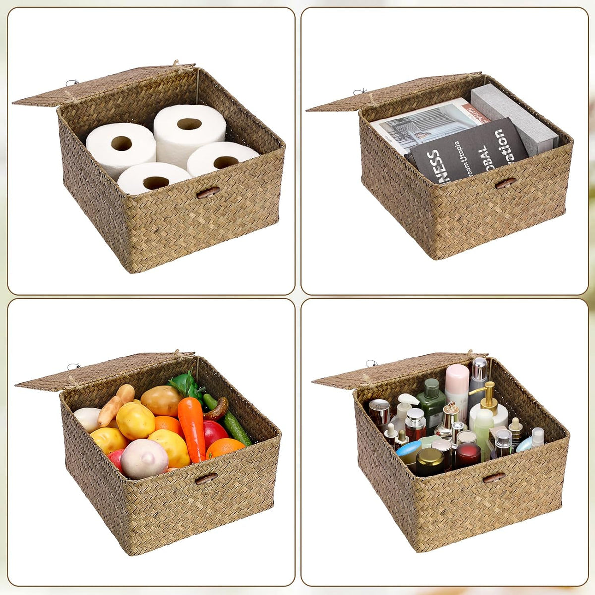 Hipiwe Seagrass Wicker Storage Basket Bin Boxes with Lid, Coffee, X-Large