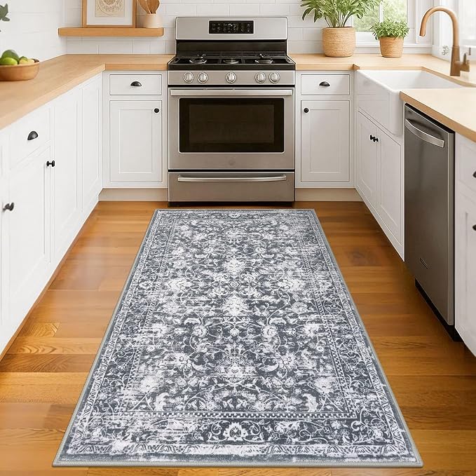 KILOCOCO Area Rug 3x5 Entryway Rug Washable Printed Vintage Floral Rubber