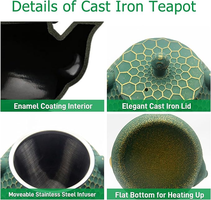 YJX Cast Iron Teapot and Tea Cups Set, 33.8oz Hexagon Pattern Tea Set