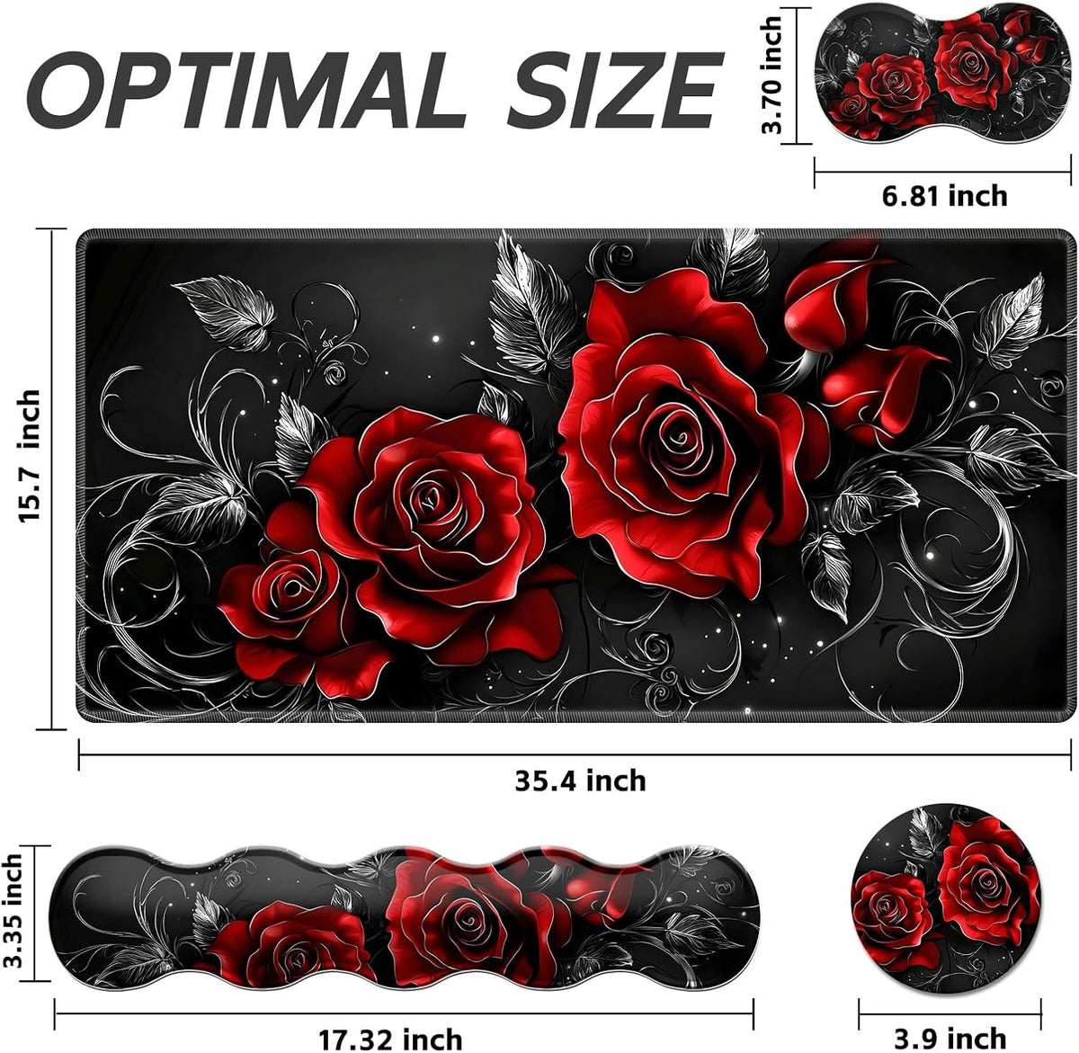 Gaming Mouse Pad Set, Swirl red Roses Large Desk Mat Mousepad, Keyboard Wrist Support, Mouse Wrist Rest, Coaster 4in1 Ergonomic Memory Foam, Non-Slip Stitched Edge for Home Office