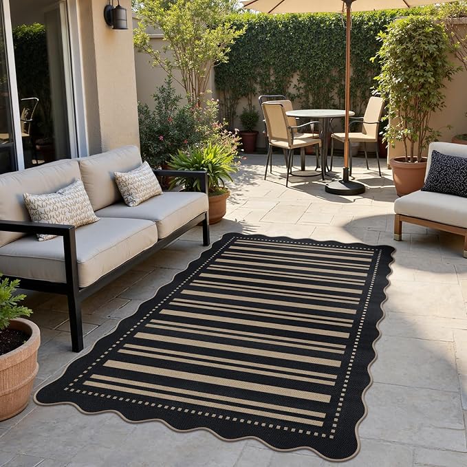 Striped Easy Jute 4x6 Outdoor Patio Rug, Washable Indoor Outdoor Black Kitchen