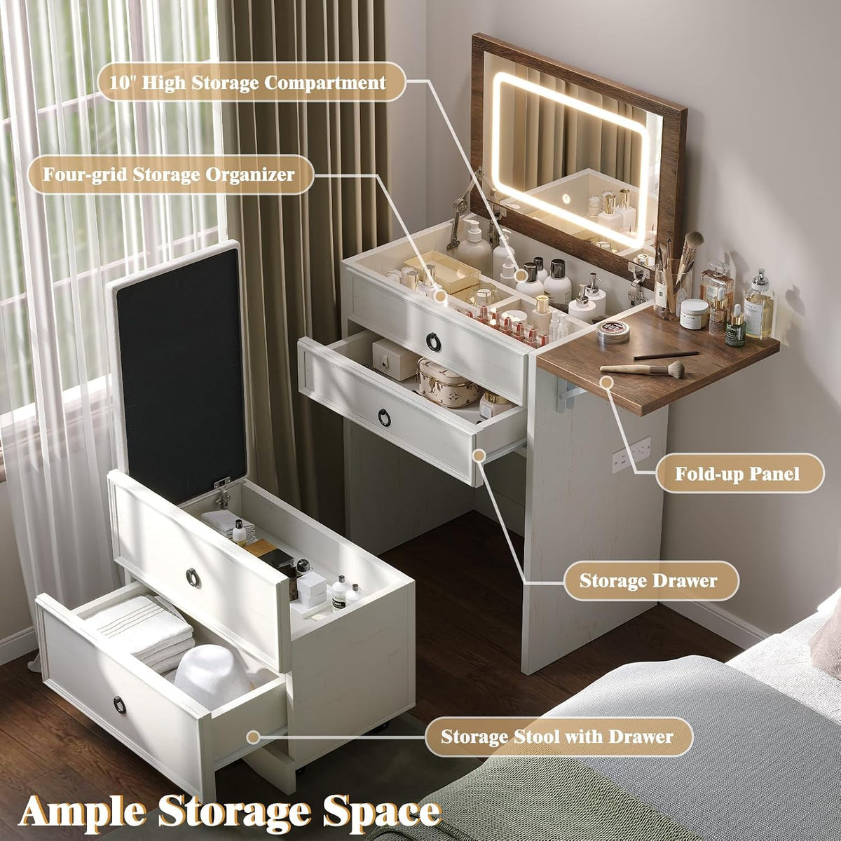 LUXOAK 3 in 1 Compact Makeup Vanity Desk with Hidden Chair & Mirror, White