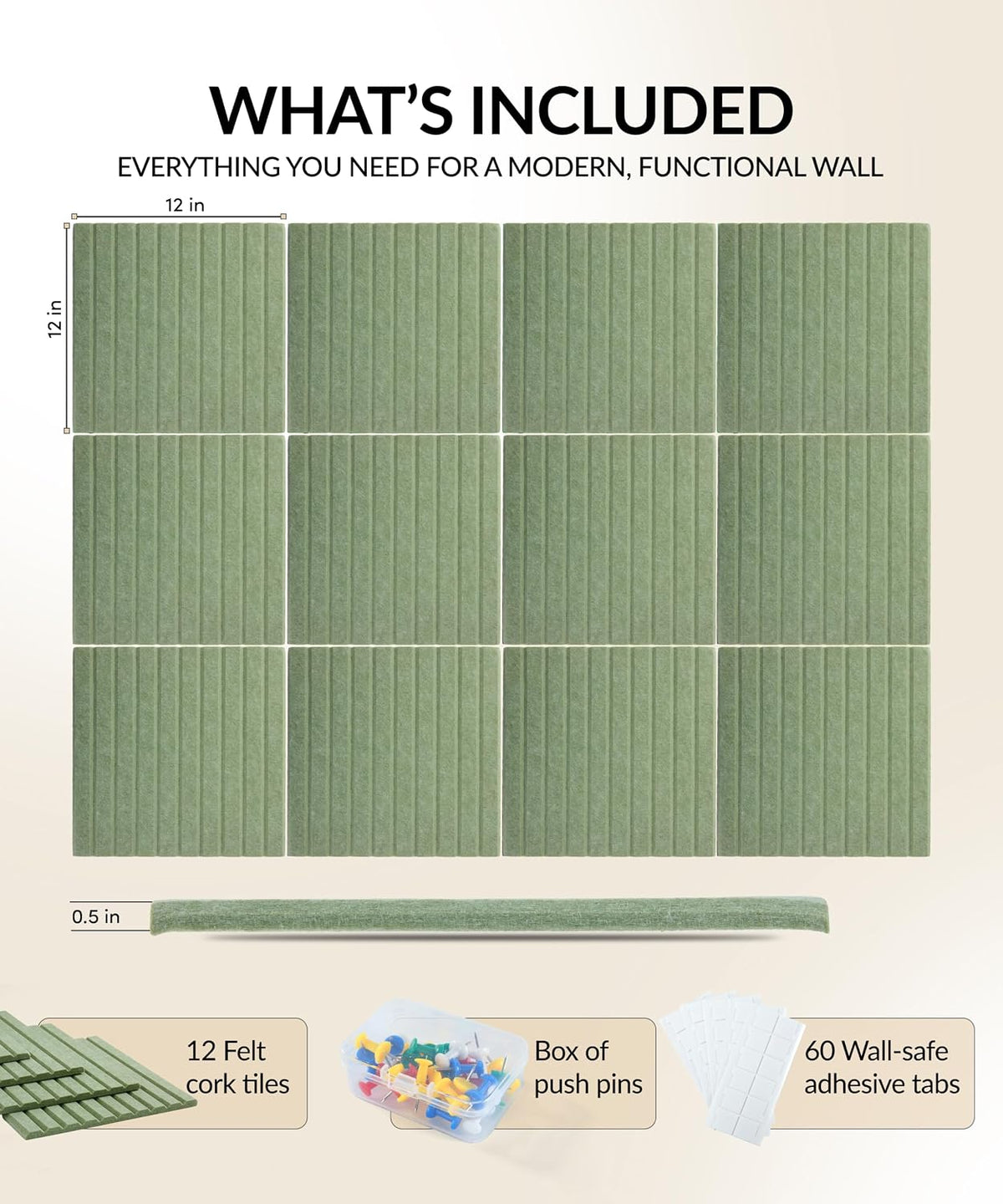 Large Cork Board Alternative 48" x 36" with Push PINS & Wall Safe Adhesive Tabs – Push pin Board for Walls in Home or Office, Felt Bulletin Board Tiles, Versatile Felt Board Layout, sage Green
