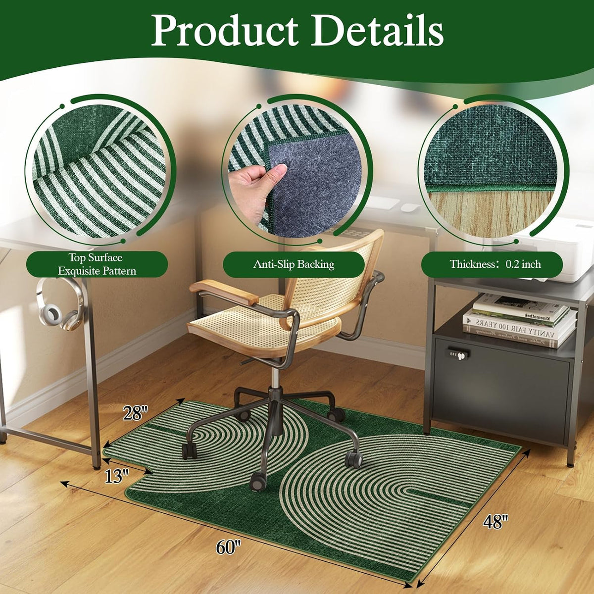 Office Chair Mat for Hardwood Floor & Tile Floor,48"X 60"-Convex Geo Green