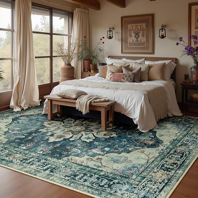 RELEANY Area Rugs 8'x10' Washable Non-Slip, Floral Vintage Distress Medallion