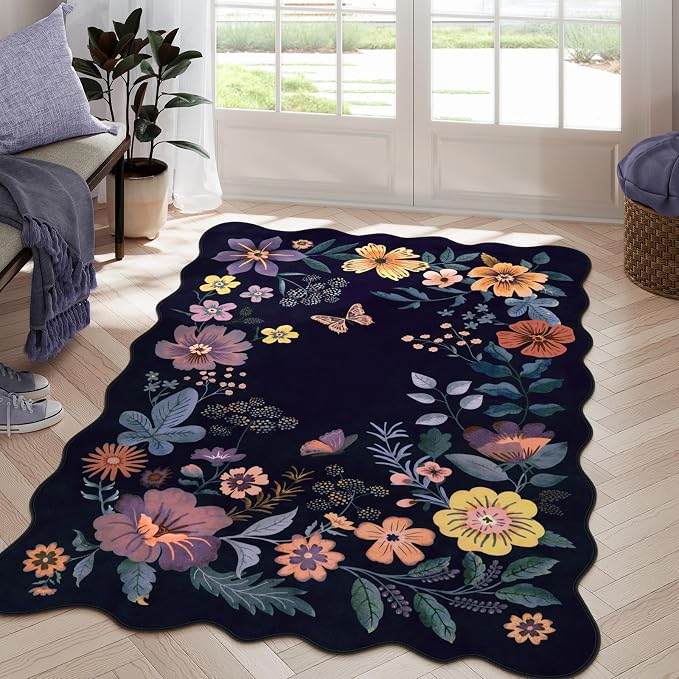 Lahome Floral Washable Rugs for Bedroom, 4X6 Area Rug Ultra-Thin Soft Living