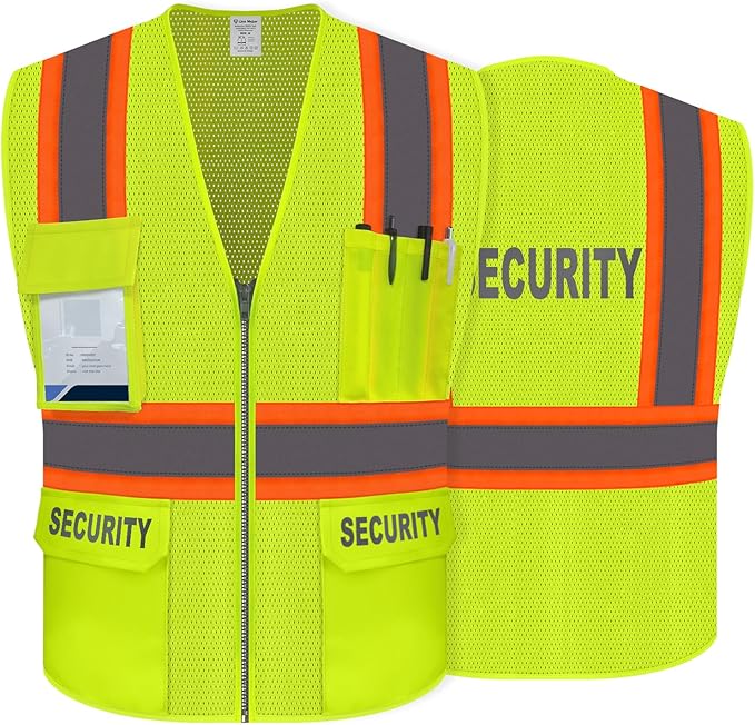 Security Vest for Men Women, High Visibility Vest with Pockets & Zipper, Neon Work Wear with Reflective Strips, ANSI Compliant, Yellow, 2XL