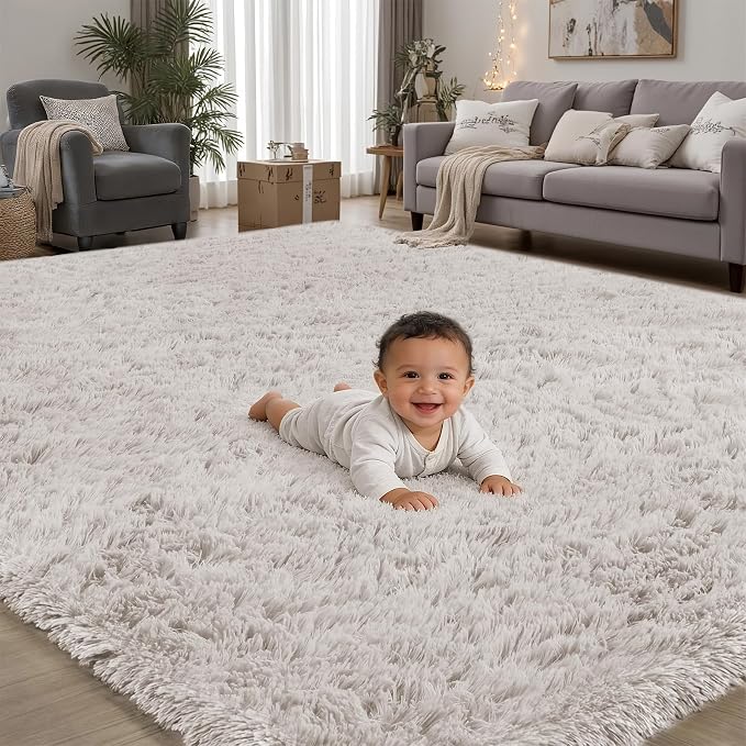 8x10 Area Rugs for Living Room Bedroom: White Soft Fluffy Shag Upgrade Non-Slip