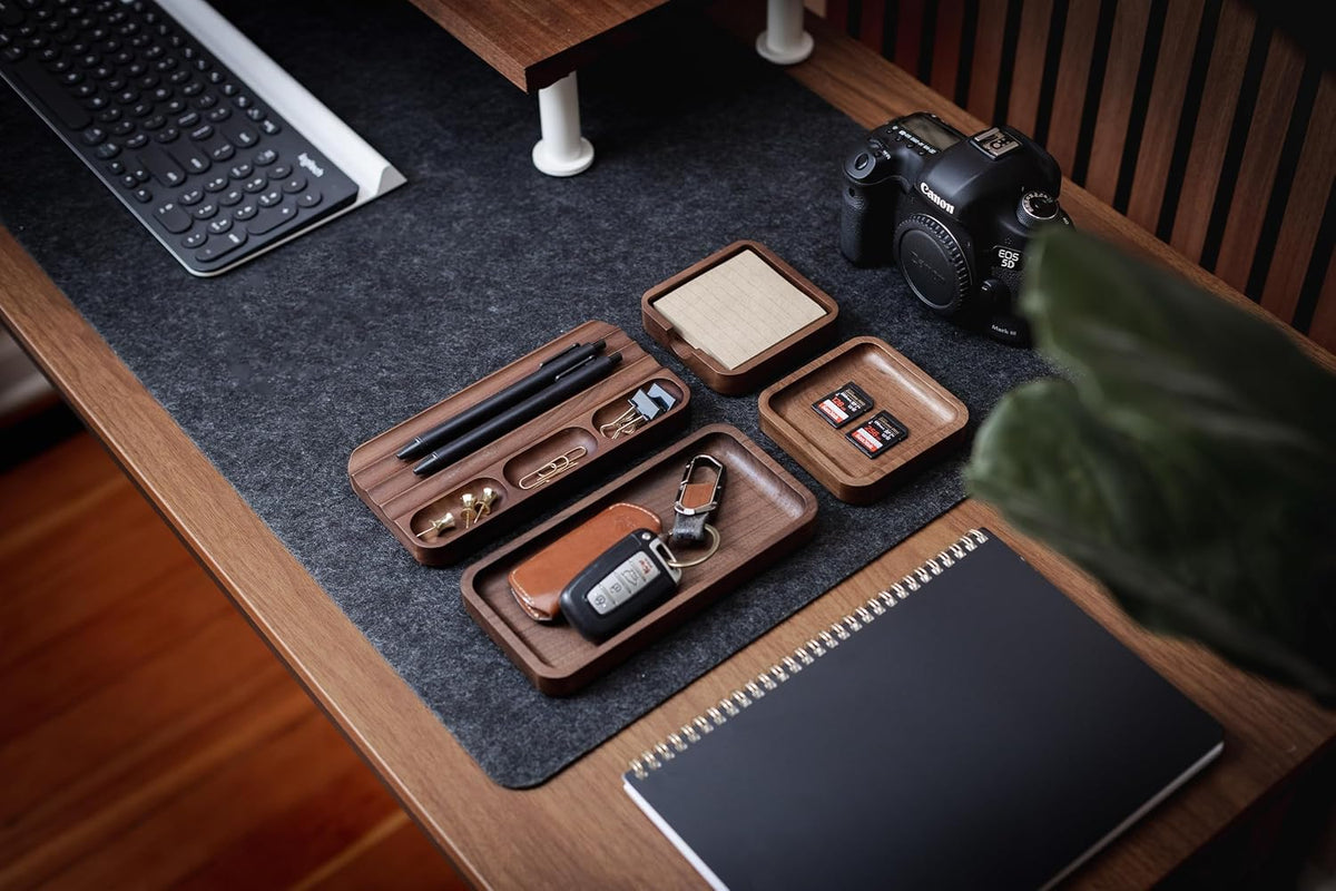Wooden Desk Organization 4 Piece Set - for Desk Accessories Work Teacher Dad Wood Tray Work Minimalist Rustic