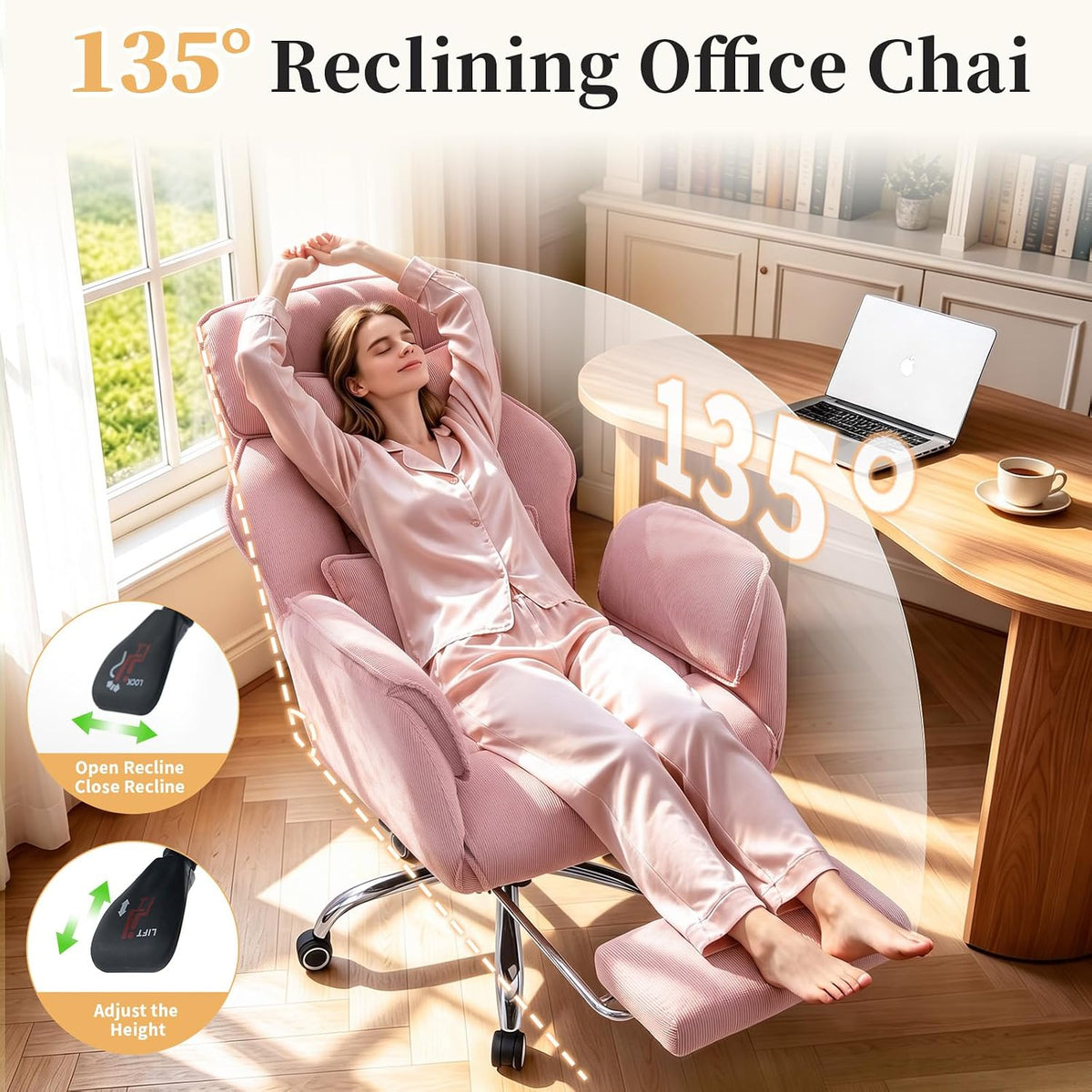 Criss Cross Office Chair with Footrest - 5-Gear Flat Armrests Corduroy Desk Chair, Reclining Wide Ergonomic Computer Chair with Lumbar Pillow, High Back Swivel Vanity Chair