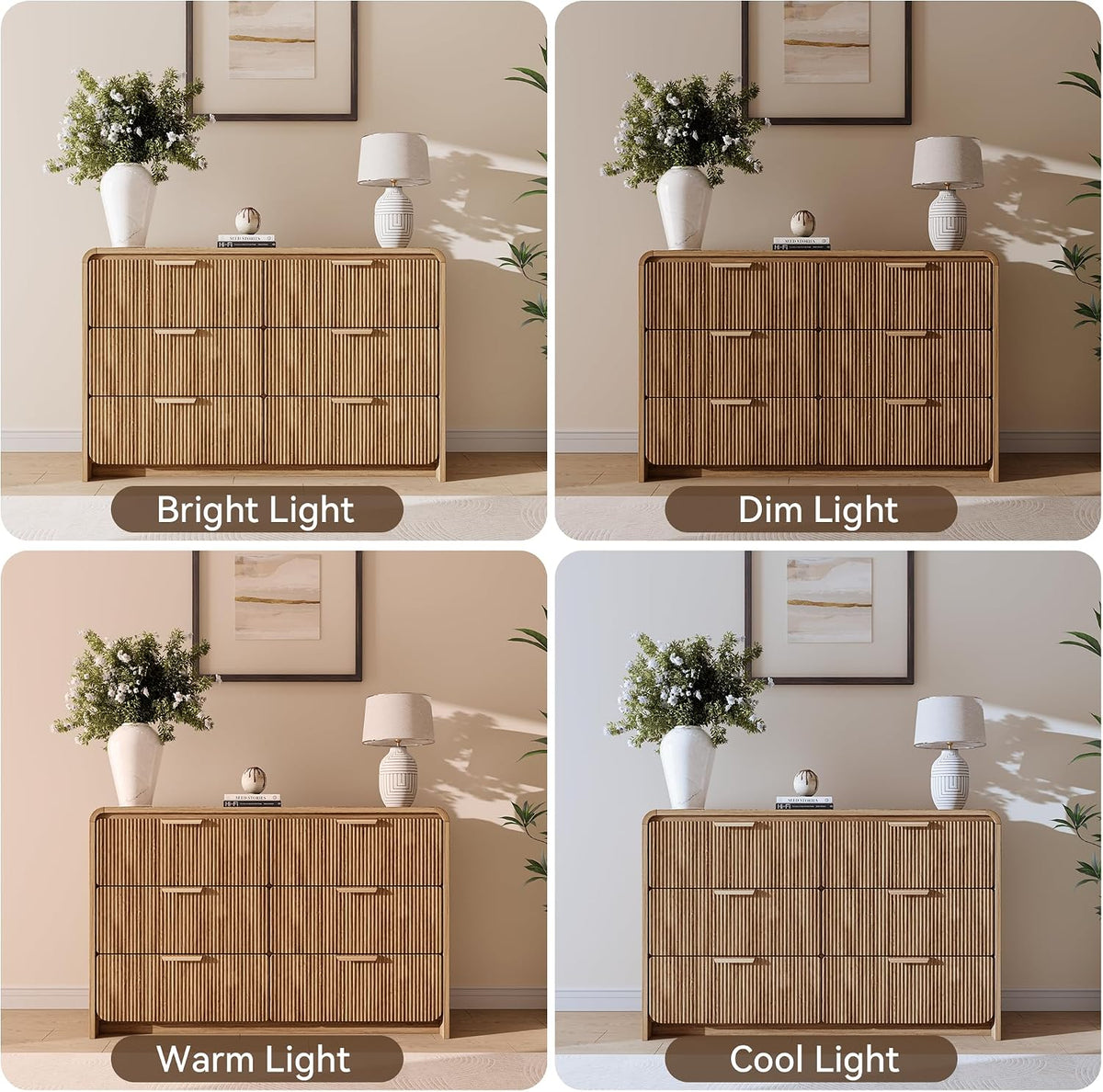 47" Fluted 6 Drawer Dresser for Bedroom, Living Room, Entryway Light Walnut