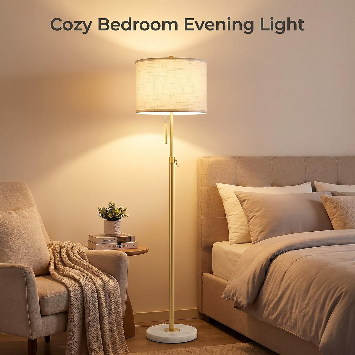 Qingmiao Gold Floor Lamps for Living Room, 55"-67" Height Adjustable Modern Tall Lamp, 3-Way Dimmable Standing Lamp for Bedroom Office Reading Corner Home Decor, New House Warming Gifts
