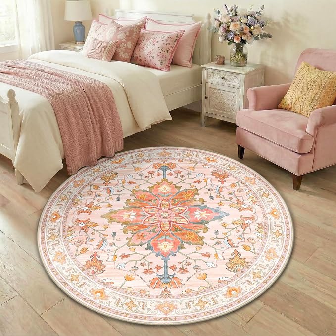 RELEANY Area Rugs Round 4ft Washable Non-Slip, Floral Vintage Distress