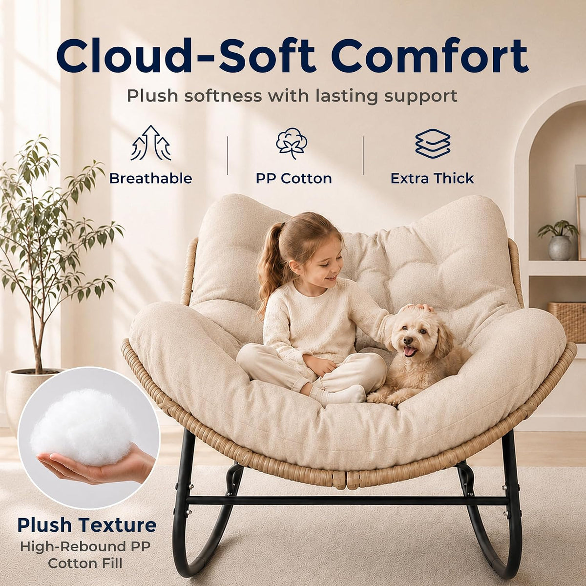 SWITTE Papasan Rocking Chair, Outdoor Wicker Egg Rocker with Cushion, Ivory