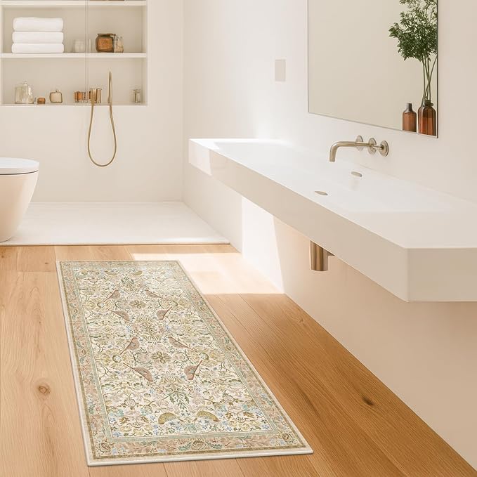 Beige 2x4 Washable Rug for Bathroom, Entryway Non Slip