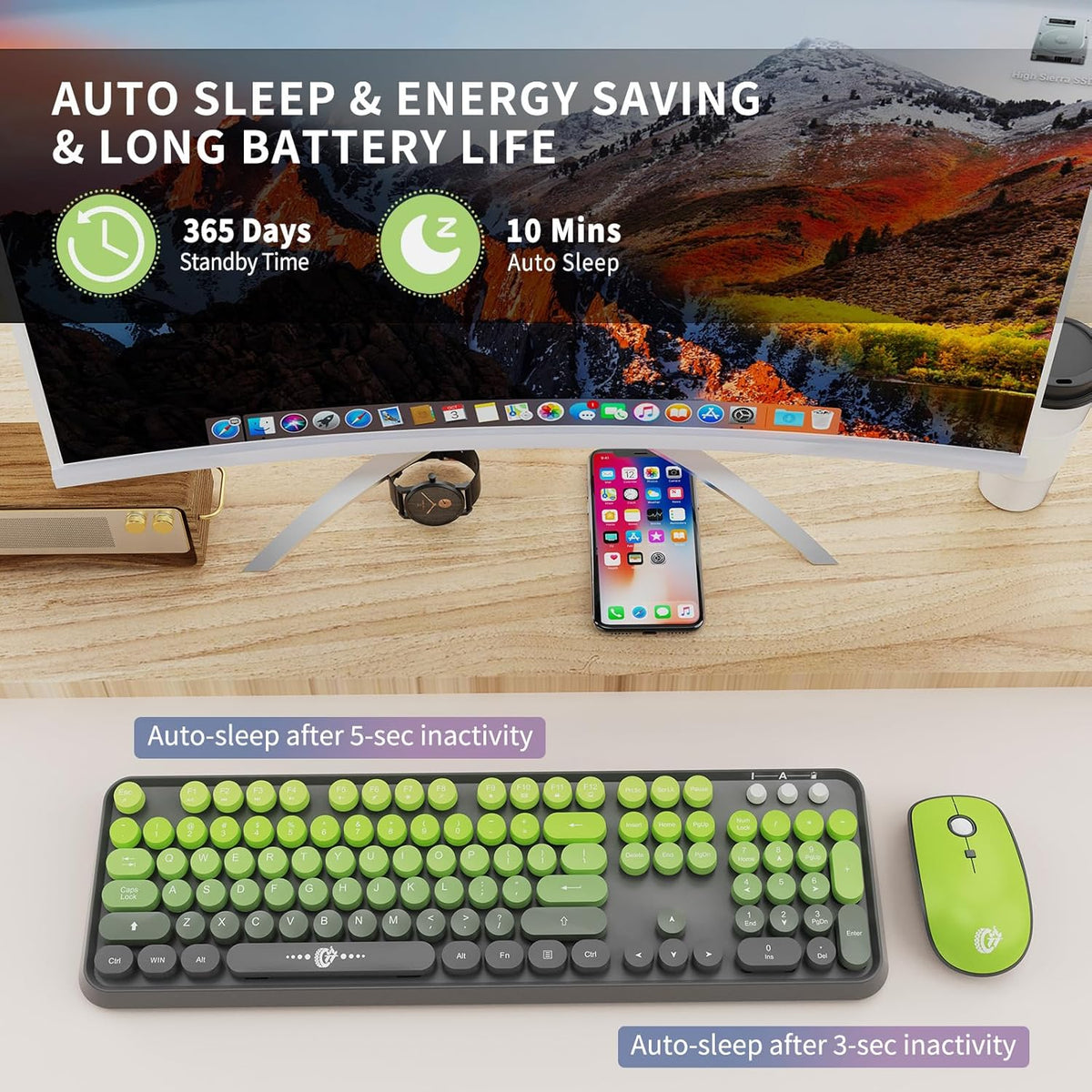 FOPETT Wireless Keyboard and Mouse Combo - 2.4G Full-Sized Cute Colorful Mouse and Keyboard with 104 Round Keys Retro Typewriter Keyboard for Laptop/Windows/PC - Grey Green