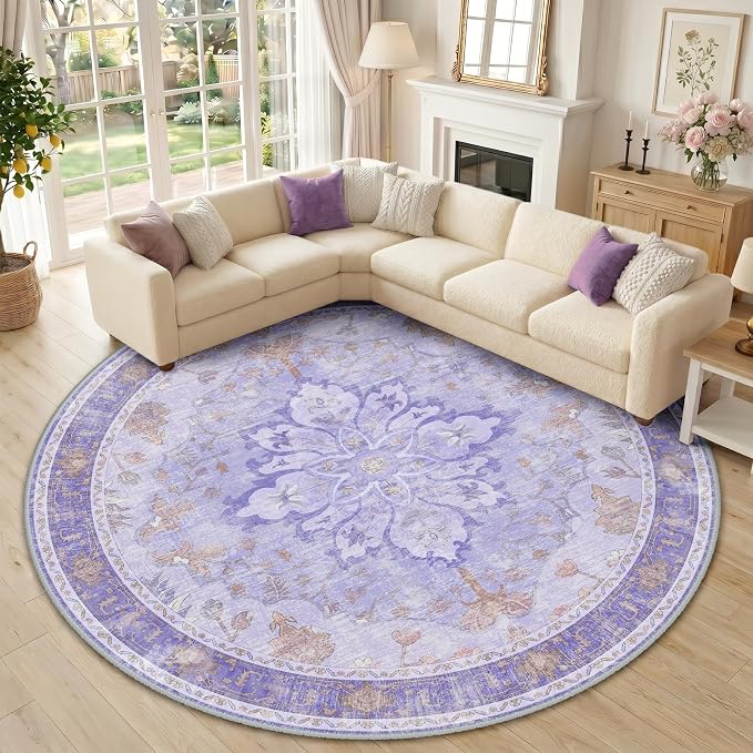RELEANY Area Rugs Round 10ft Washable Non-Slip, Floral Vintage Distress