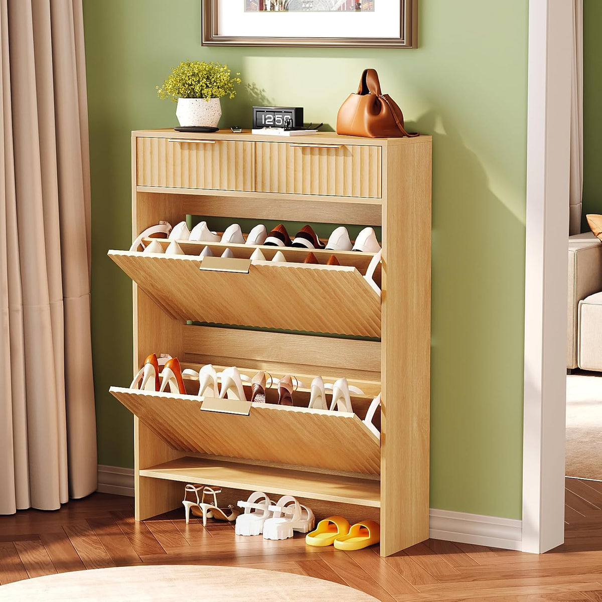 VINGLI Fluted Shoe Cabinet for Entryway, Slim Shoe Storage Cabinet with 2 Flip Drawers & 2 Top Drawers, Modern Hidden Shoe Rack Organizer with Adjustable Shelves, Narrow Freestanding Console, Oak