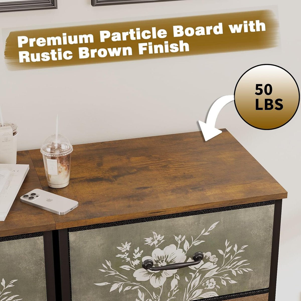 Tohomeor Vintage Dresser Vertical Nightstand with Neutral Botanical Plant Fabric Chest Drawers for Closet Bathroom Storage Tower Unit Bed Side Organizer Farmhouse Rustic (Rustic Brown, 6 Drawers)