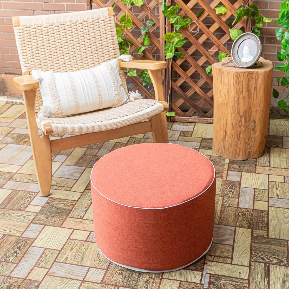Outdoor Ottomans for Patio Pouf Waterproof Fade-Resistant Ottoman Foot Rest for Outdoor - Ottoman Chair Filled with High-Density All-in-One Foam, 20"D x 14"H Inches (Burnt Orange, Round)