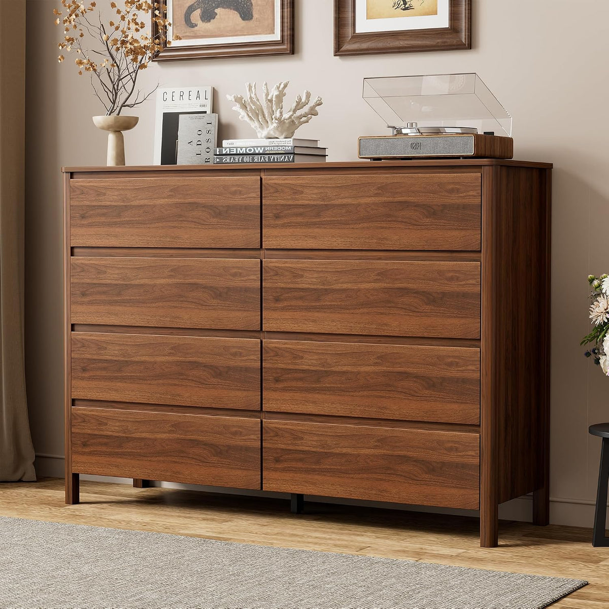 Furniway 55" Wide 8 Drawer Wood Dresser for Bedroom with Legs, Walnut