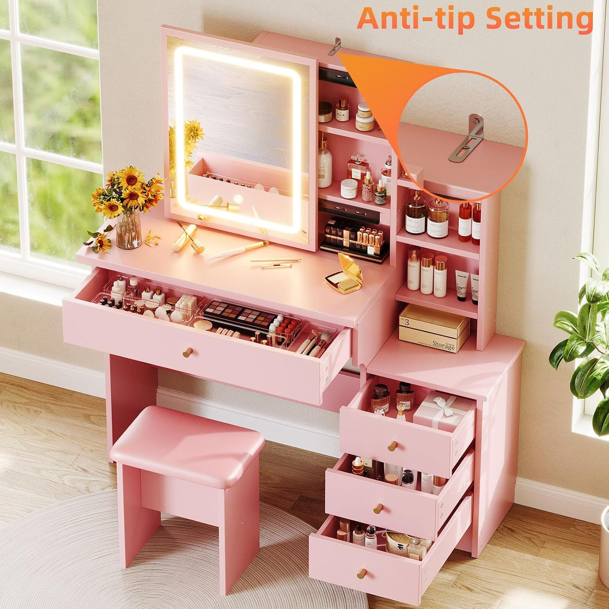 Memobarco Pink Makeup Vanity Desk with Sliding Mirror & 4 Drawers