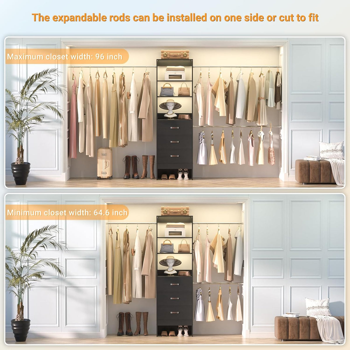 Besiost 96'' Closet Organizer System with 3 Hanging Rods, 8FT Closet Organizers and Storage with 3 Wooden Drawers, Built in Closet Organizer Systems, Adjustable Walk-in Wardrobe from 5-8FT, Black