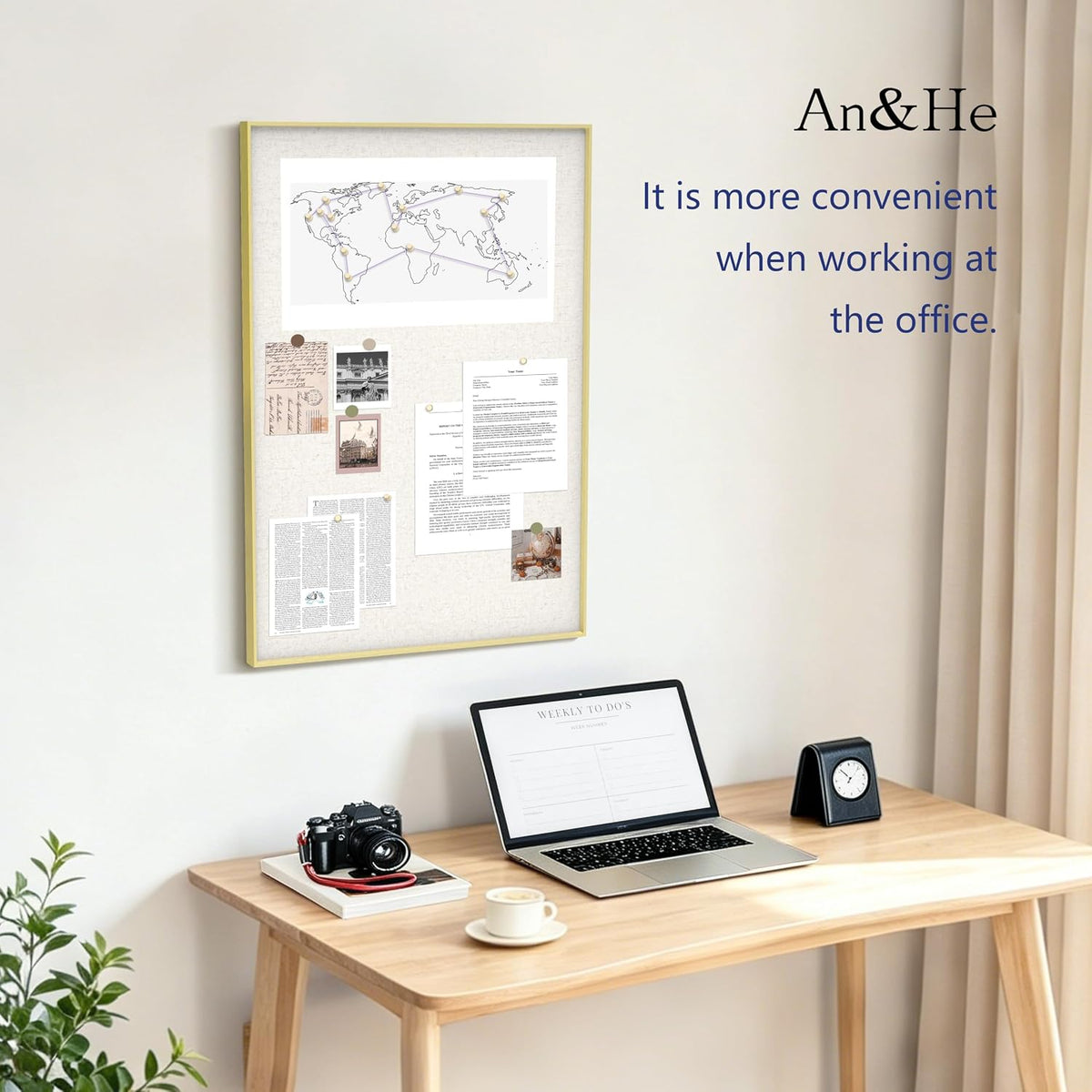 An&He Bulletin Board 24 x 36 Inches, Linen Pin Board with Sawtooth Hangers & 10 Push Pins, Wall Mounted Cork Notice Board for Office, Home, School, Classroom, Gold