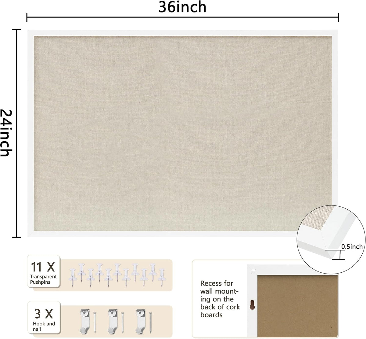 DAHAPYBOO Cork Board with Linen White,Bulletin Board 36"x24"