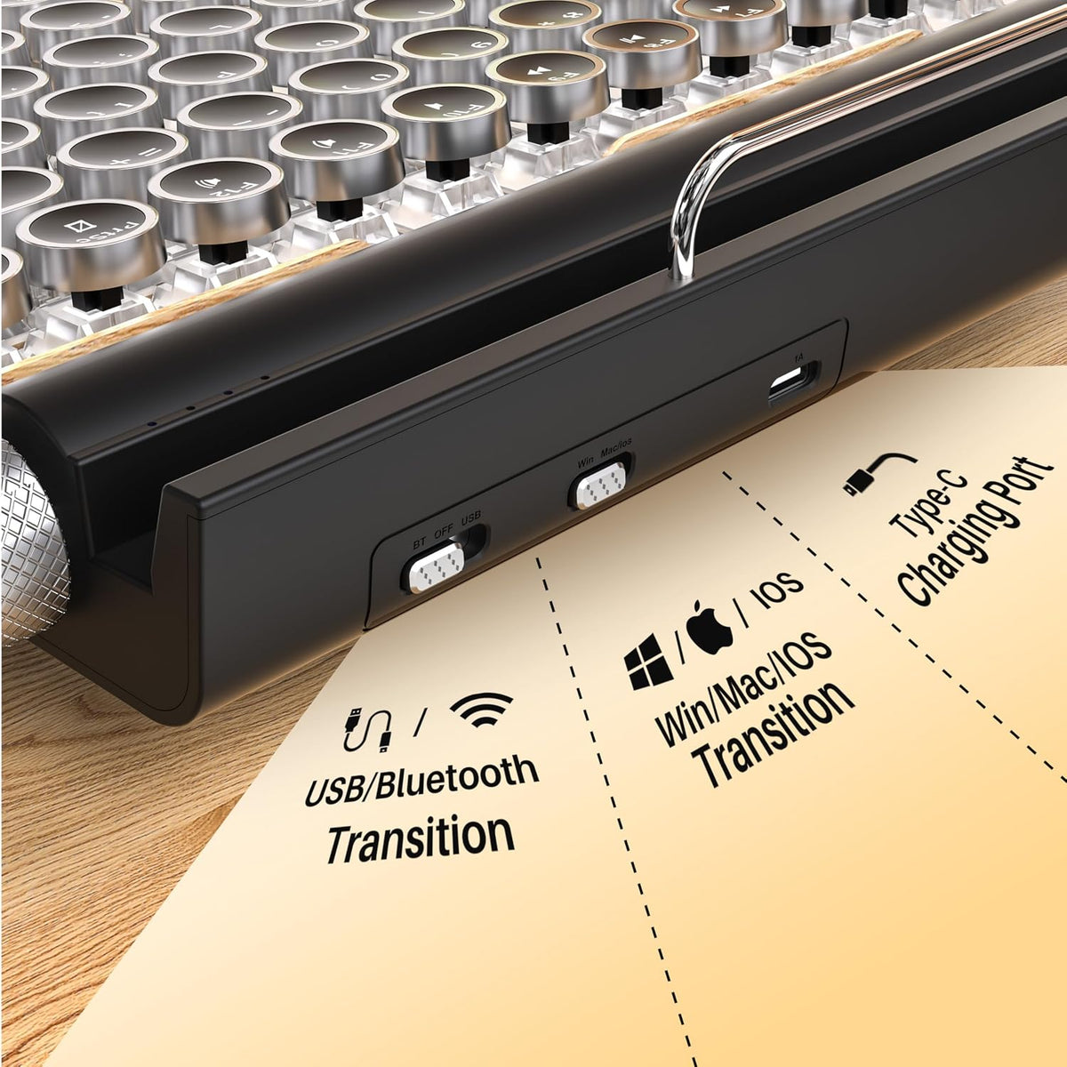 Retro Typewriter Mechanical Keyboard Wireless for PC/Laptop/Pad/Mac/Phones