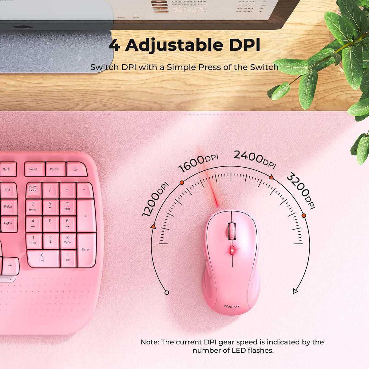 MEETION Wave Ergonomic Keyboard and Mouse Combo with Wrist Rest, Pink