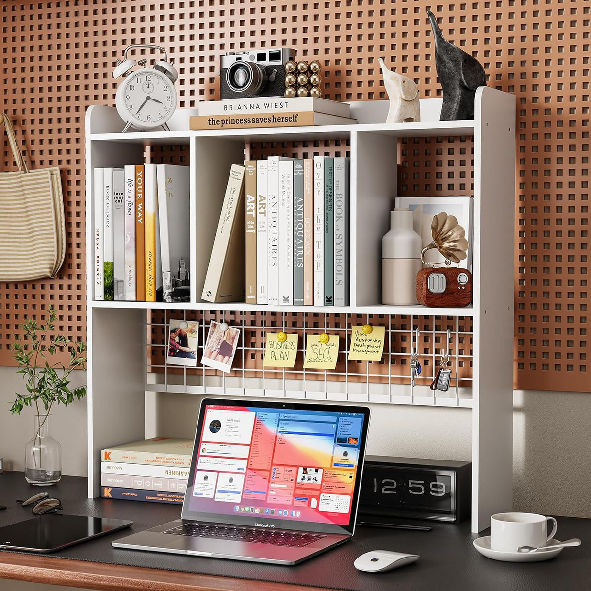 Desktop Bookshelf,Desk Hutch with 3 Shelves for Computer,White