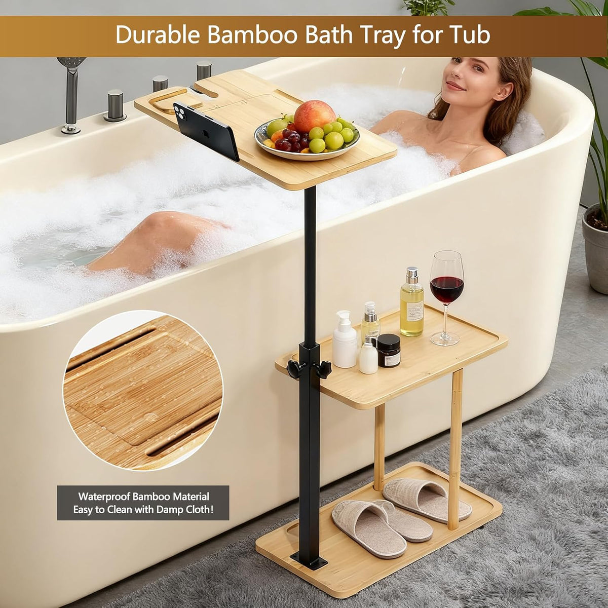 3 Layer Bathtub Tray Table,Bamboo Swivel Bathtub Side Table Height Adjustable,Freestanding Bathtub Tray for Tub Against Wall,Bathtub Accessories&Bathroom Organizer for Luxury Home Spa (Natural1)